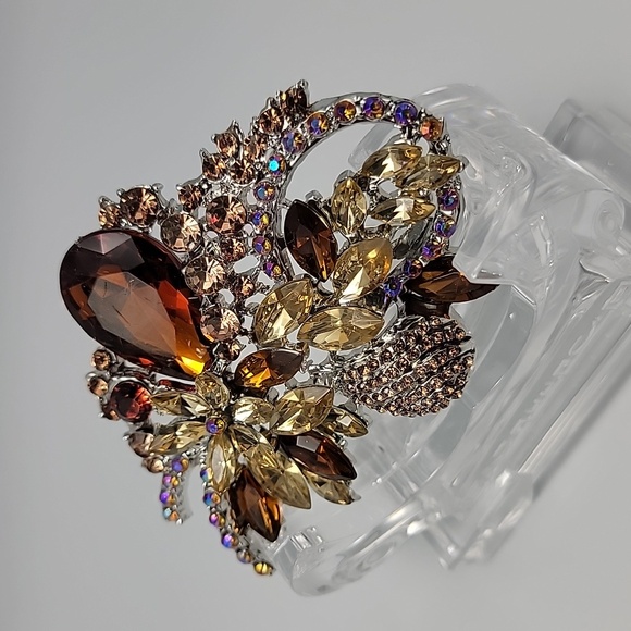 European American Large AB Amber Colored Glass Luxury Floral Brooch 3" Statement - Picture 4 of 8